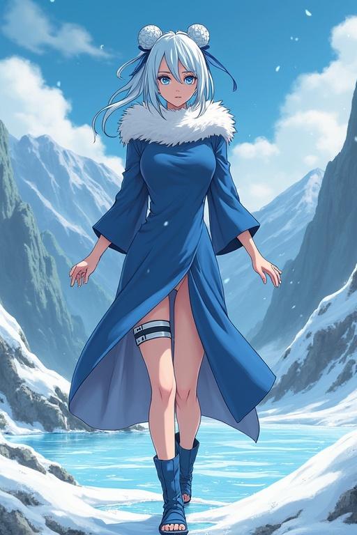Character in a blue dress against a snowy mountain backdrop. She has blue eyes and a distinctive hairstyle. Her outfit features a unique design element with a spiral pattern. Her companion features include a band on her thigh and a warm look.