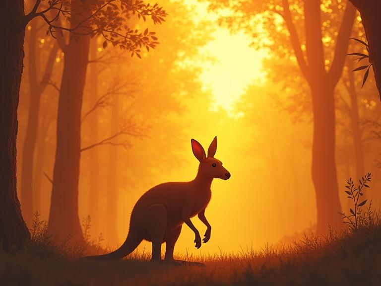 Kangaroo in a sunny daytime forest. Concept art style. Orange and amber colors dominate. Strong emotional impact evident in the scene.