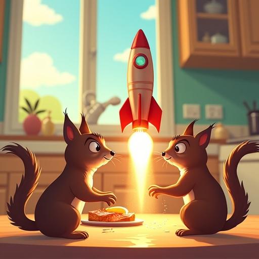 A group of squirrels prepares to launch a rocket ship made of toast. Bacon serves as fins, and a boiled egg is the cockpit. The scene is set on a sunny kitchen counter. A confused cat observes, illustrated in a cartoon style.