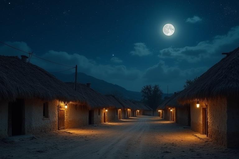 Old village at night with traditional mud houses thatched roofs stand under a starry sky. Soft moonlight gently bathes rooftops and pathways. Natural calm fills the air. Inside homes, people sleep peacefully. Scene glows with dignity of a simpler time.