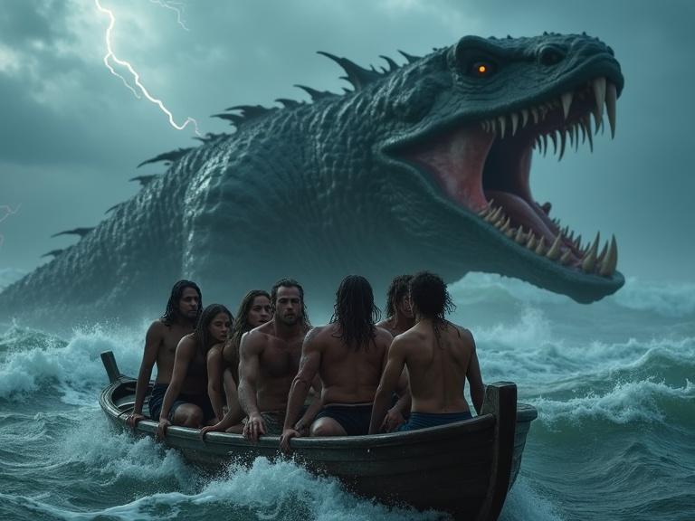 Seven adults on a small wooden boat facing a gigantic sea monster in a stormy sea. The scene captures their fear and determination as waves crash around them. The monster has glowing eyes, sharp teeth, and scaly skin, surrounded by dark clouds and lightning. Wet clothing and skin highlighted by cinematic lighting add intensity.