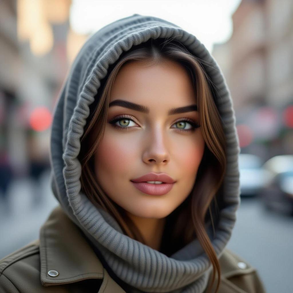 Portrait of a beautiful woman in an urban setting. She wears a hooded jacket. The background features a blurred street with soft lighting. The focus is on her appearance and body language.