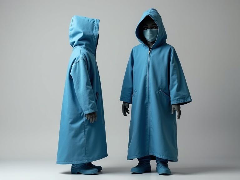 Create an image of two figures on a light gray background. One figure is a blue-coated character giving a medium craft box to a mechanic in a blue jumpsuit. The image should be horizontal and show both characters in full body.