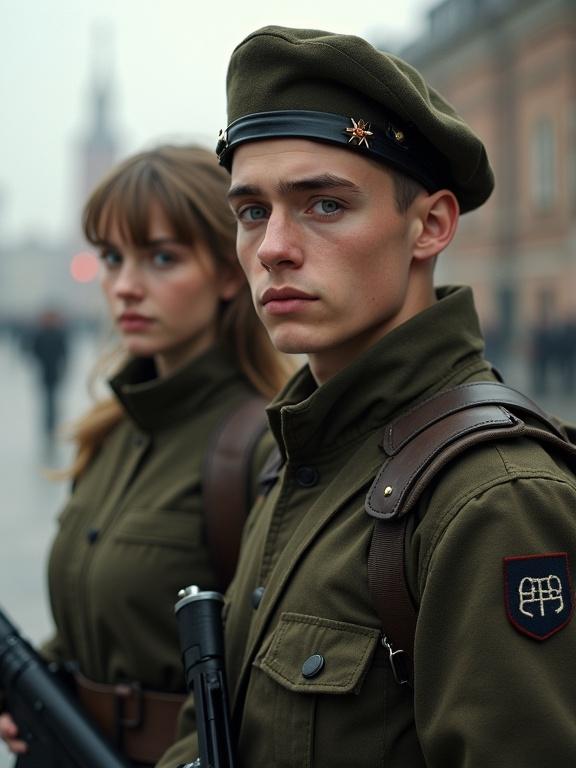Photorealistic full figure shot of a young teenage Cold War Russian male soldier with dark hair in Moscow and a young female soldier with blonde hair. Bright natural lighting and deep depth of field.