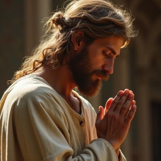 Jesus in a prayerful pose. The figure has hands clasped together in prayer. Warm soft lighting enhances the sacred mood. The composition evokes a sense of peace and spirituality. The background is subtly blurred, emphasizing the figure's devotion.