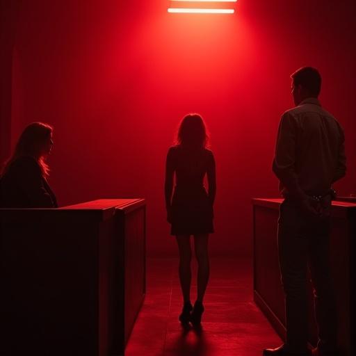 Deep red courtroom scene. Dramatic lighting creates suspense. Woman's shadow on the witness stand. Man in handcuffs present. Dark ambiance evokes tension.