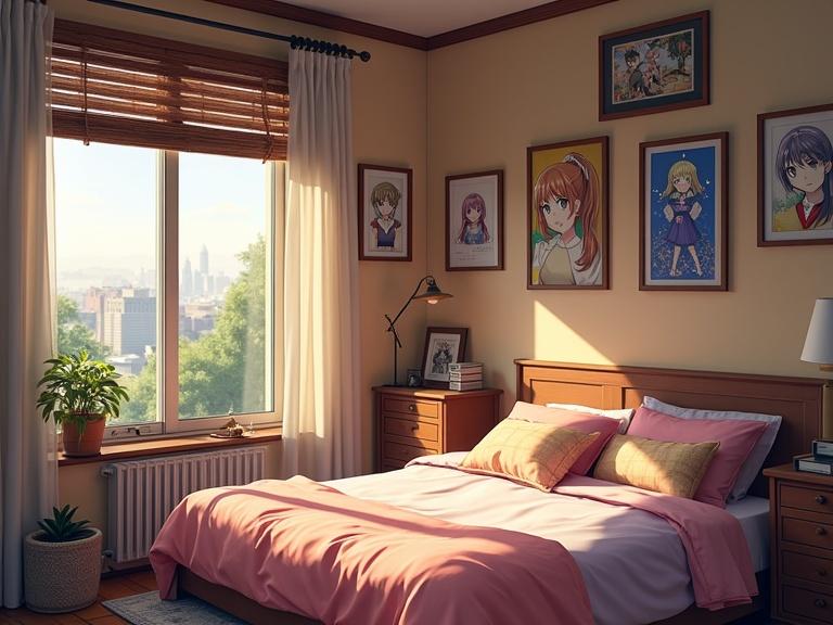 A cozy bedroom features anime posters on the walls. The bed is adorned with pink bedding. Warm light enters through the window, illuminating the room. An urban skyline is visible outside.