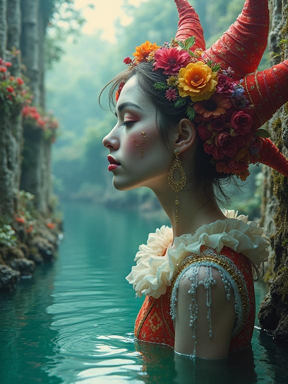 Surreal art scene featuring a woman in water. She has horns and a floral headpiece. Atmosphere is ethereal and whimsical. Background is abstract with a dreamlike quality. Use vibrant colors and intricate details.