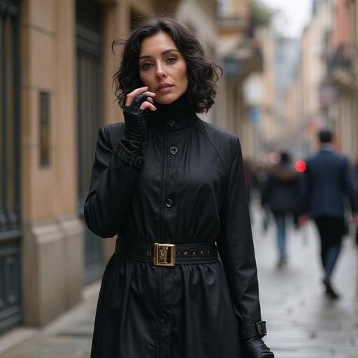 Woman in a black leather dress stands on a street. Dress has straps and a above-knee skirt. Wears knee-high leather lace-up boots. Long gloves above the elbows. Hair is medium length and black. Street background, engaging in a thoughtful pose.