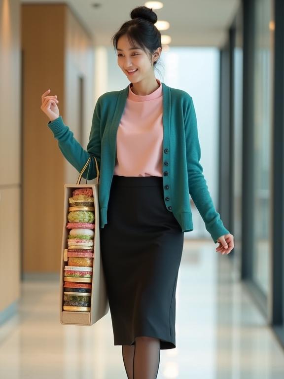 Korean female secretary walking in company. Holding bag with vertical stack of bento boxes. Wearing blush-pink blouse and black knee-length skirt. Teal cardigan with dark-brown pantyhose and black pumps. Black hair in a bun. Light makeup and smile. Office setting with vivid lighting.