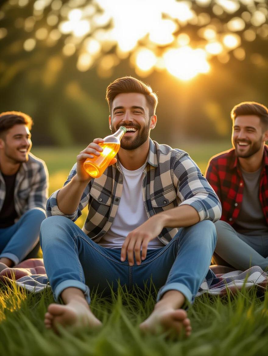A smiling man named Aaron enjoys a glowing drink while sitting on the grass. He has bare feet stretched forward. Friends laugh nearby. The scene is lit by warm afternoon sunlight.