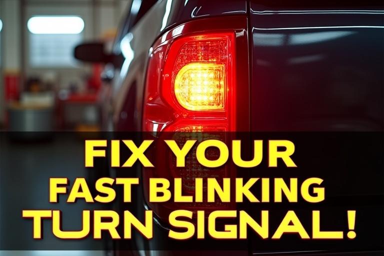 Close-up view of a chevy truck's turn signal blinking rapidly. Exaggerated glow effect to highlight the issue. Blurred background indicates a garage. Bold text overlay reads 'Fix Your Fast Blinking Turn Signal!' in high-contrast colors. Dynamic composition emphasizes the blinking effect.