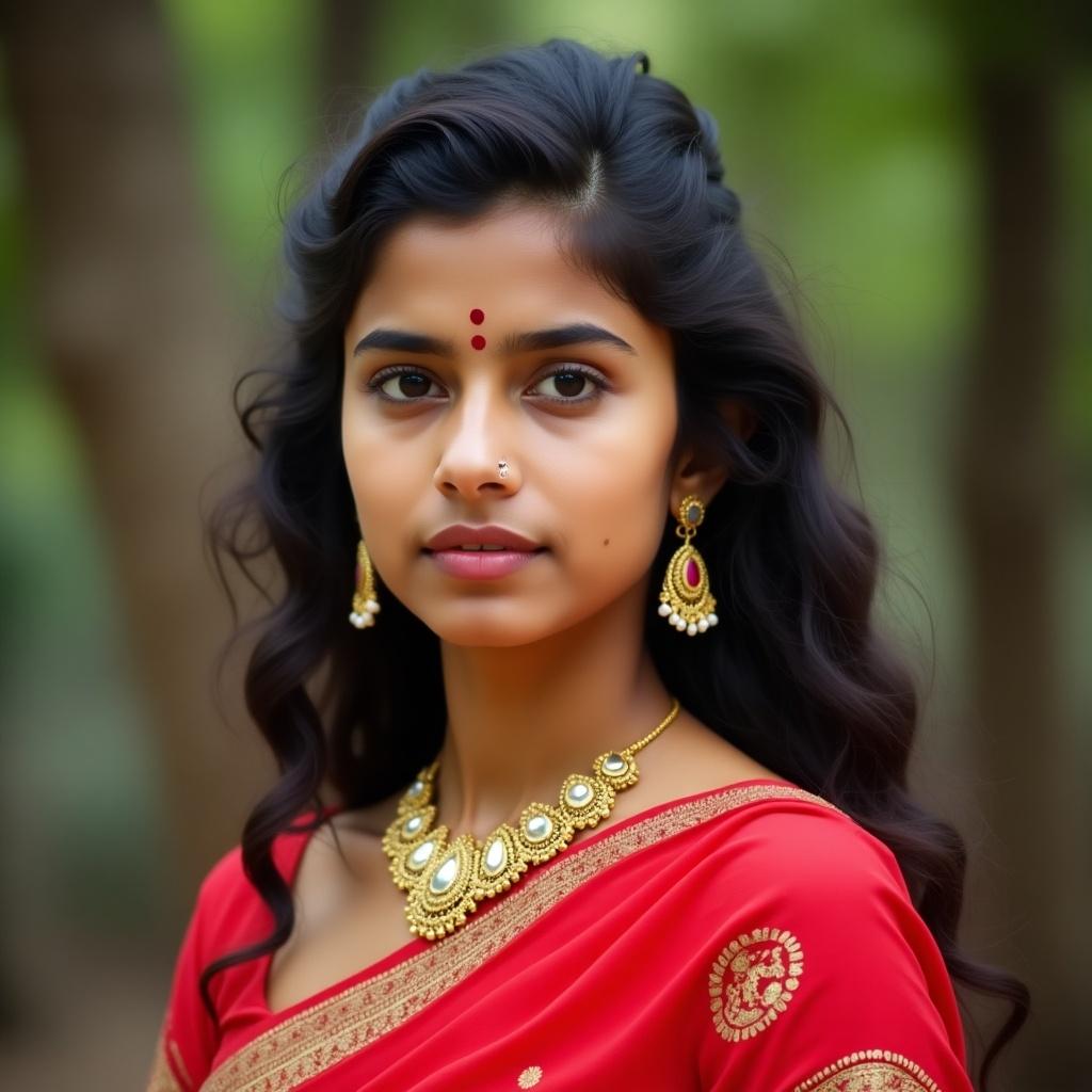 Portrait of a young Indian woman. She wears traditional Indian jewelry. She has a red saree with gold embroidery. She has a gold necklace and earrings. Her hair is styled in loose curls. A red bindi is on her forehead. She has a serious expression. She looks directly at the camera. The background is blurred with outdoor trees and foliage.