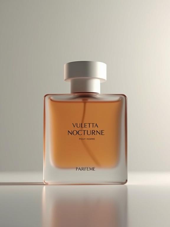 Create a mock-up of a frosted glass perfume bottle with a square base and a rounded top. Bottle contains warm dark amber liquid. Reflective surface enhances elegance. Background is soft gray. Label features VULETTA in bold font in metallic silver at the top. NOCTURNE in flowing script in dark silver below. Pour homme below it. PARFEME added near the bottom in faint metallic silver with a warm amber outline along the label’s edge.