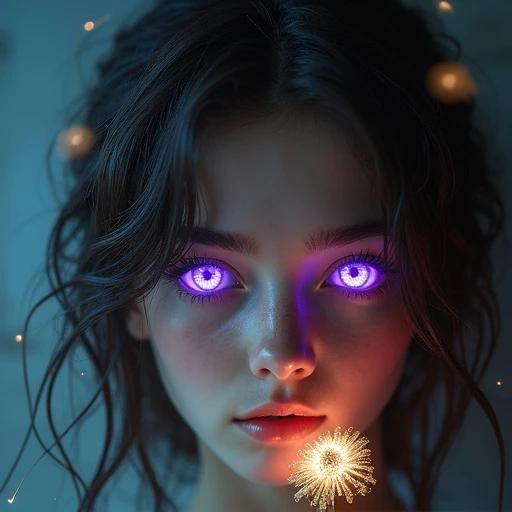 Close-up of a girl with glowing purple eyes. Soft background with a dreamy atmosphere. Gold flower accents visible. Evokes a sense of beauty and intrigue. Perfectly detailed, ultra-high quality photography.