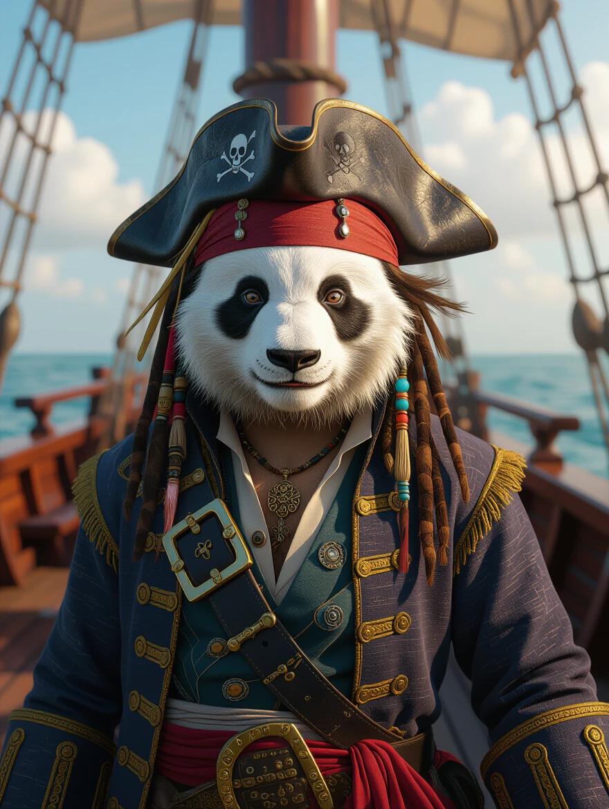 A panda resembling a famous pirate captain stands confidently on the deck of a ship. The character wears an intricately detailed pirate outfit, complete with a hat resembling skull and crossbones. The background showcases a vibrant ocean setting. Light playfully highlights the features of the character.