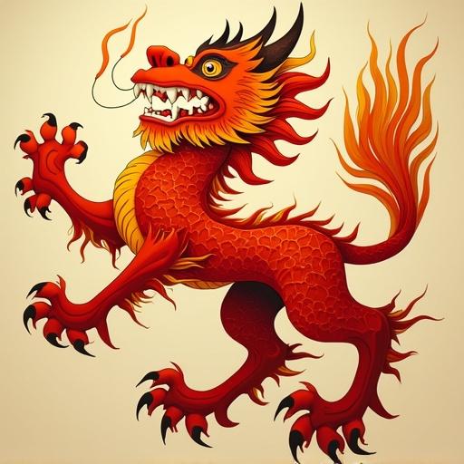 Fire Lion illustrated with intricate details. Color palette includes red, red-orange, orange, yellow, yellow-orange, and tan shades. Show fierce expression and dynamic pose.