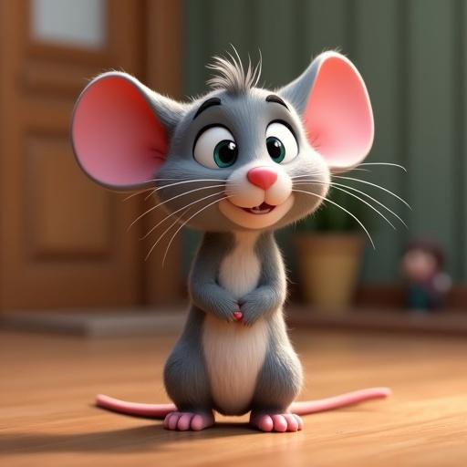 Cute 3D Pixar-style mouse character with large ears and a friendly expression. Background features a home interior.