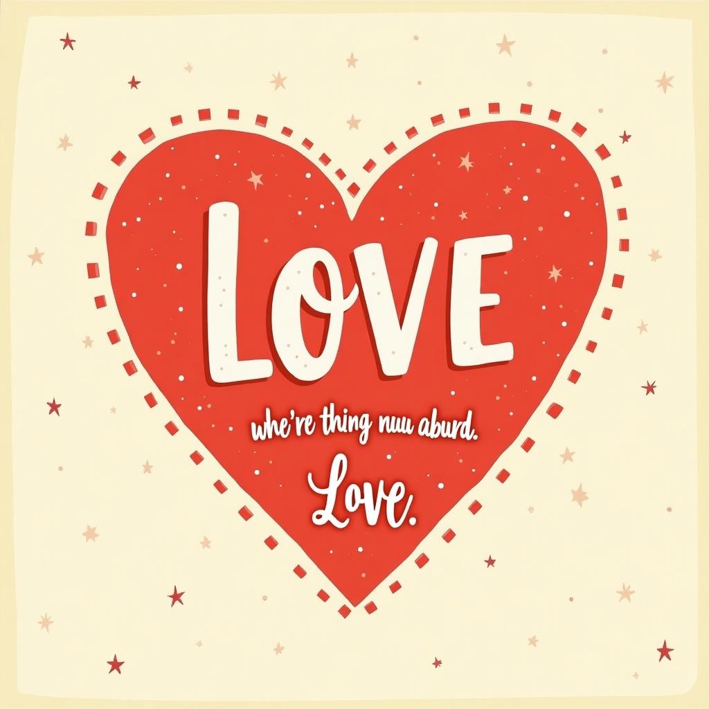 Image features a red heart at center. Border has small shapes like dots and stars. Bold white typography conveys the word 'LOVE'. Below in playful script reads 'whe’re thing nuu aburd. Love'. Background has beige texture with tiny shapes for a vintage feel.