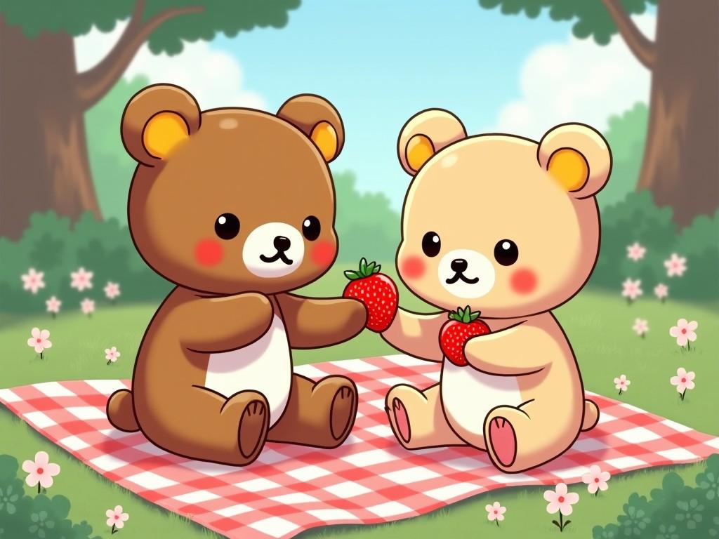 two cartoon bears having a picnic and sharing strawberries in a park