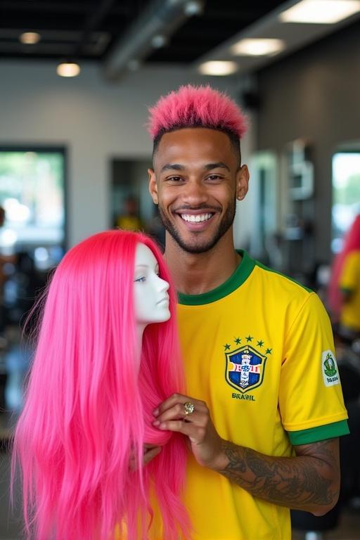 A smiling individual in a modern hair salon holds a vibrant pink wig. The person wears a yellow Brazil national team jersey. Hair is neatly styled. The salon has shiny chrome equipment and trendy hairdryers. Atmosphere is lively and playful. The person has a warm smile and joyful expression while offering the wig.