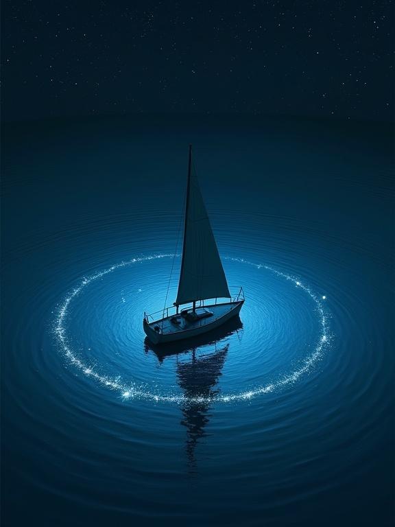 A sailboat floats on dark blue waters under a starry night sky. Glowing light blue waves circle around the boat, creating a surreal atmosphere. A middle-aged man stands at the boat's front with a serene expression, suggesting contemplation. The perspective is a wide bird's-eye view, evoking mystery and peace. The colors are dark blue, black, and light blue, with a dreamlike quality.