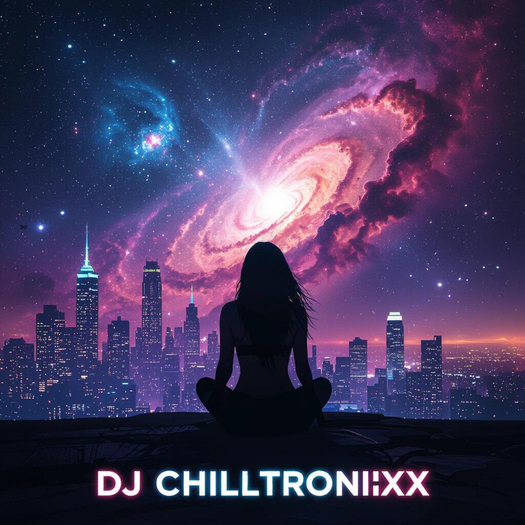Silhouette of a cyber babe in front of a stunning nebula sky. Bright neon megacity in the background. Artistic album cover featuring text DJ Chilltronixx.