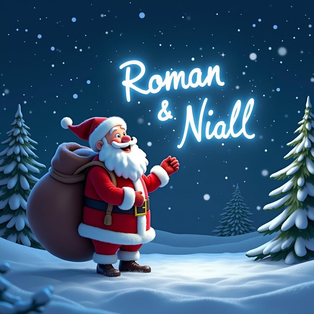 A cheerful Pixar themed Santa Claus stands in a snowy landscape, writing the words 'Roman & Niall' in the night sky with a magical light. He wears a traditional red suit with white trim and carries a large sack on his back. The background features a starry night sky with sparkling stars. Snowflakes gently fall around him, creating a festive atmosphere. Pine trees are visible in the distance, adding to the winter wonderland feel.