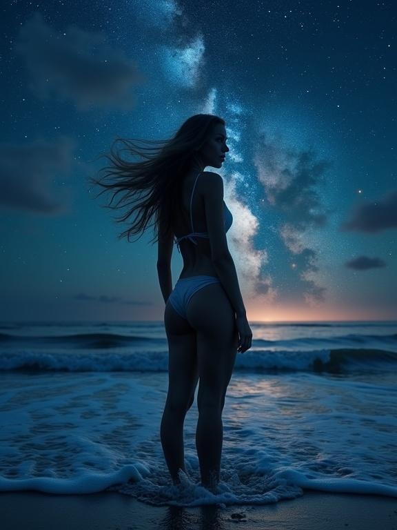 A woman stands at the edge of a beach. She wears a bikini. Her figure is silhouetted against the night sky. The Milky Way shines brightly overhead. Ocean waves gently touch her feet. The scene conveys a sense of intimacy and cosmic beauty.