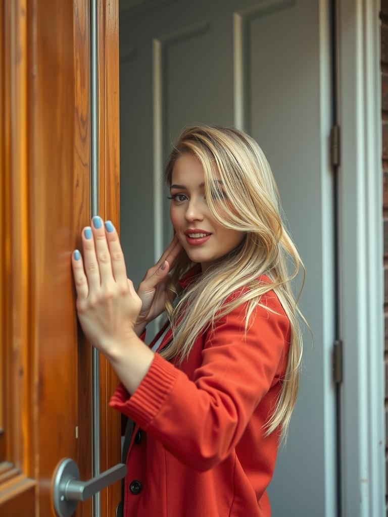 A woman with long blonde hair is standing next to a door, playfully holding up her hand in a friendly gesture. She is wearing a cozy gray sweater, and her purple manicure adds a touch of color to the image. The lighting is soft, enhancing the warmth and inviting atmosphere created by her welcoming expression.