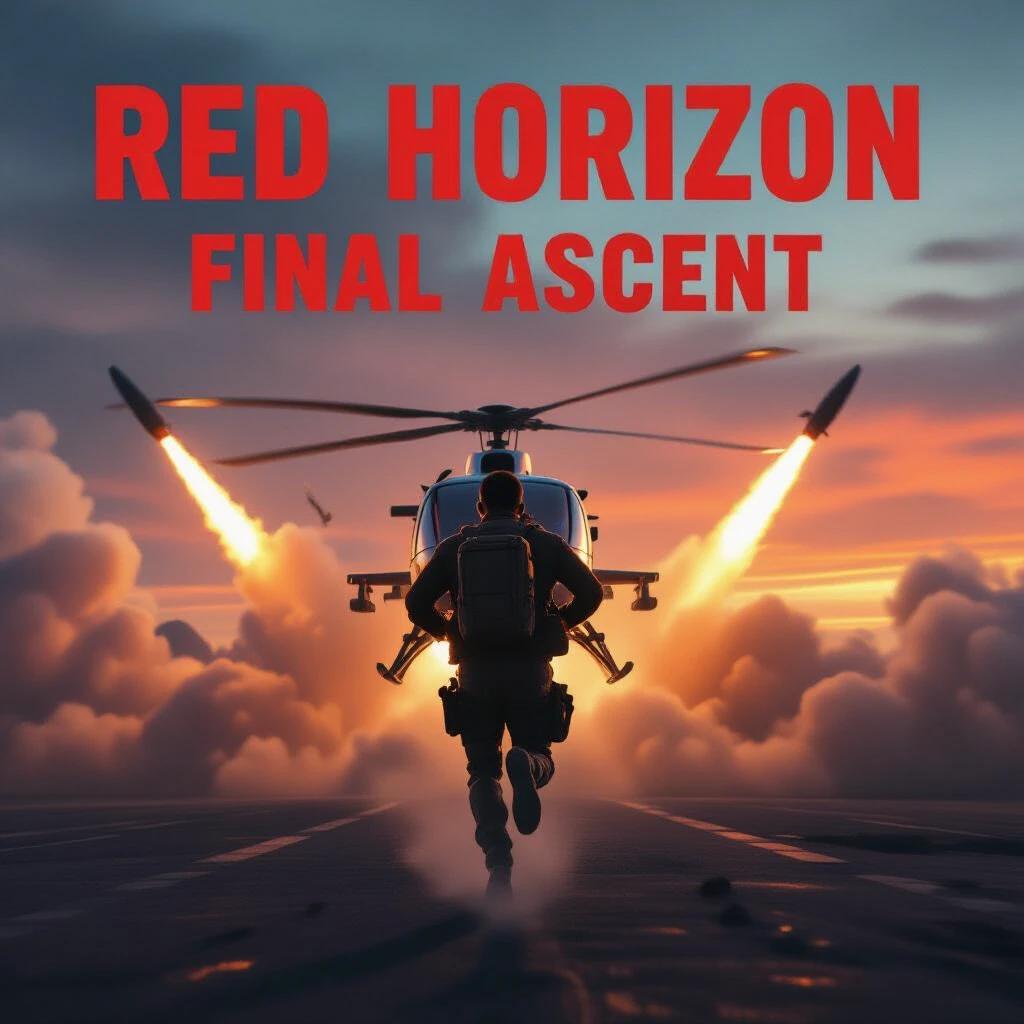 Title in bold crimson block serif style. Rising through smoke trails. Man is Michael B. Jordan. He is sprinting towards helicopter. Missiles erupt in background. Backlighting is orange twilight. Sidelights are bluish. Image clarity is hyper-sharp 6K.