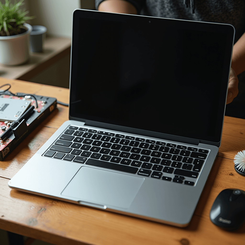 A modern laptop on a wooden desk is accompanied by a cuckoo clock, external hard drive, and a potted plant, blending technology with a touch of nature.