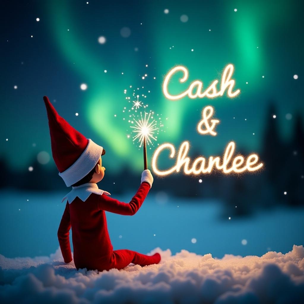 An elf on the shelf sits with its back to the viewer. The elf faces a beautiful dark sky with vibrant northern lights. The elf holds a magic wand and writes names in sparkling letters. The snowy ground enhances the serene, magical scene. The atmosphere is filled with wonder and holiday joy. The elf wears a traditional red outfit, adding to the festive vibe.