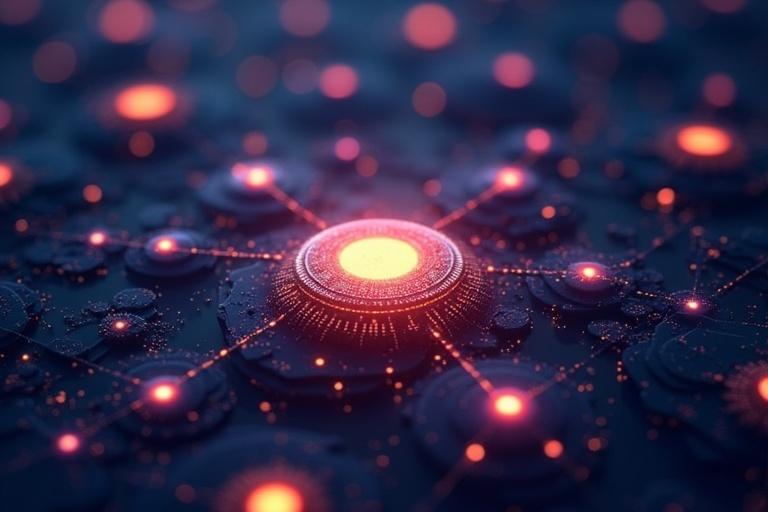 Image shows a glowing blockchain network with neural nodes. Professional appearance reflects innovation in technology. Central node emits light surrounded by interconnecting elements.