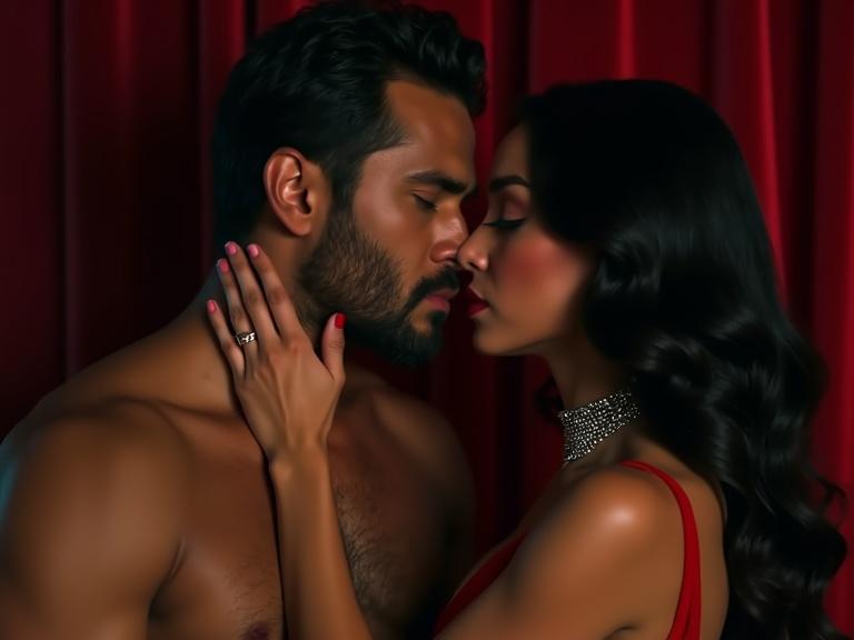Close-up of a seductive woman with red lips and black hair whispering to a tall man. Her fingers trail his jawline. She wears a backless red dress and diamond choker. Background has velvet curtains and dramatic shadows.