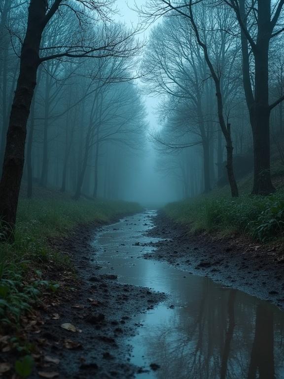 Forest scene with a muddy puddle after rain. Slight bluish hue in a foggy atmosphere. Bare trees in the background.