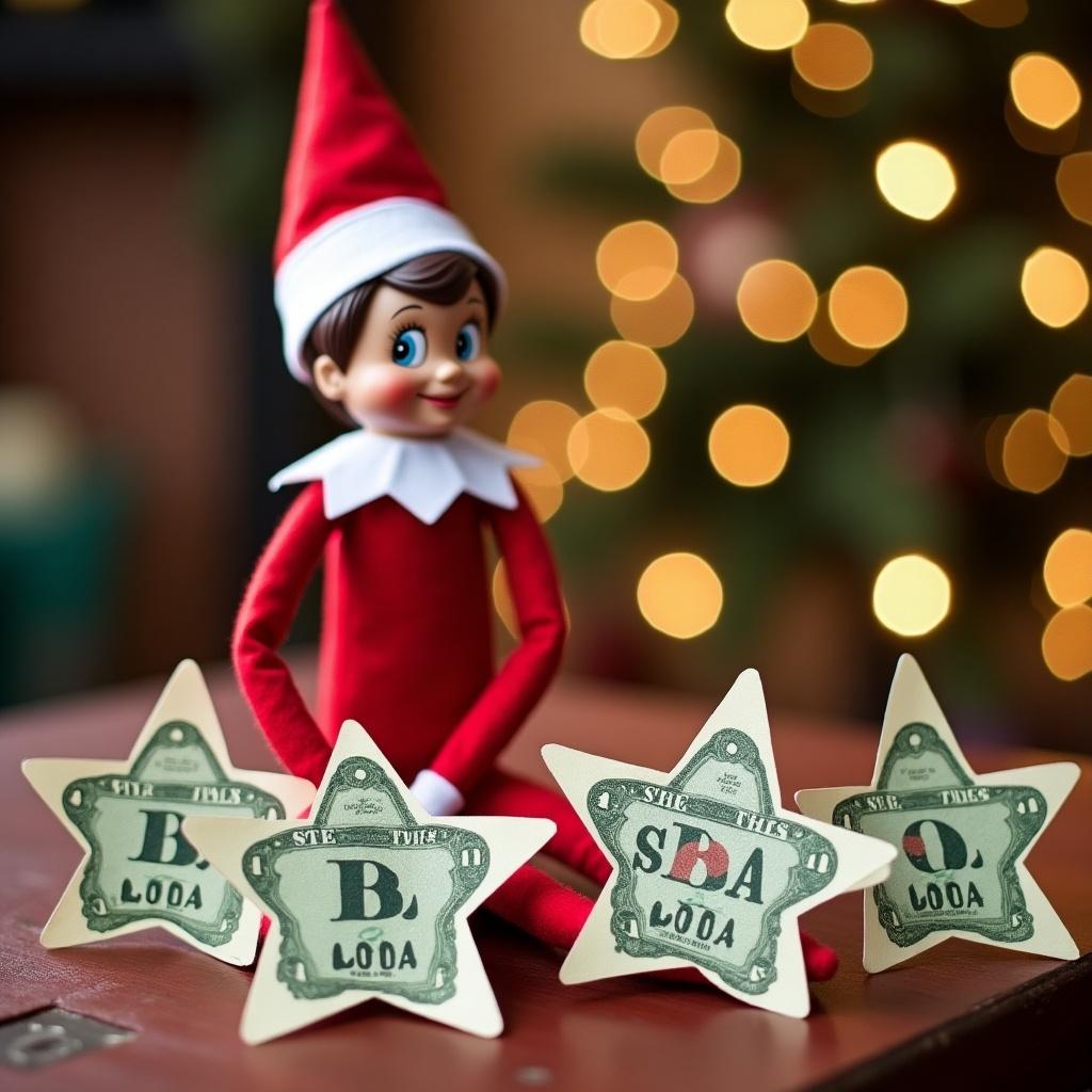 Elf on the Shelf sits with star cutouts with taped dollar bills for kids to guess the name Starbucks