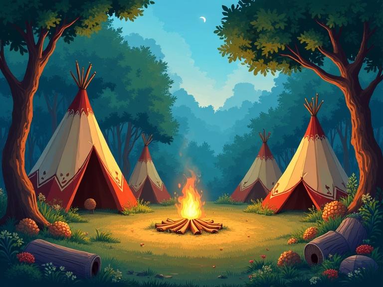 A magical clearing surrounded by trees. Colorful wigwams scattered around. A warm campfire glows in the center. Scattered totemic drums among the trees. Scene filled with life and anticipation.