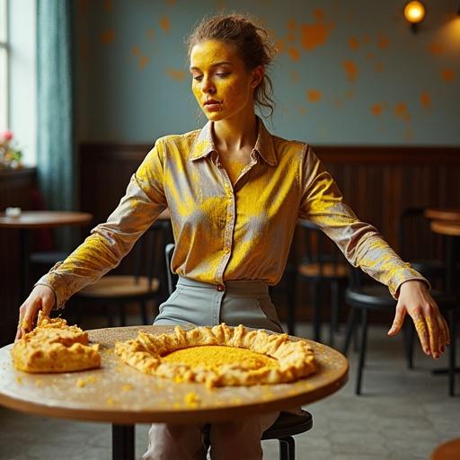 Photography of woman covered in colorful custard substance. Wearing multicolored satin button-down shirt, grey rubber pencil skirt. Substance smeared across shirt and face. Pie crust on head. Arms outstretched, sitting on stool in restaurant. Tiled floor and wooden table covered in pie filling. Scene chaotic and humorous. Bright and neutral lighting highlights mess.