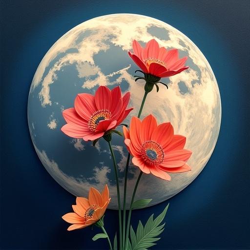 Brightly colored papercraft flowers in front of an oil-painted moon. Dark backdrop enhances the vibrant colors. Flowers stand elegantly, showcasing stunning contrast with the moon.