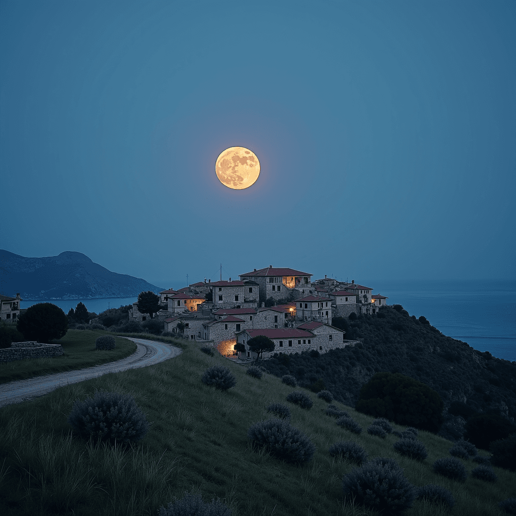 A tranquil landscape featuring a full moon illuminating a hillside with rustic houses and a distant mountain by a serene body of water.