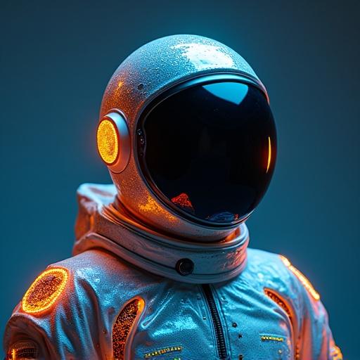 Pakistani astronaut wears metallic space suit. Helmet is translucent and reflective. Ambient orange lights glow on the suit. Blue flowing PCB patterns decorate the suit.