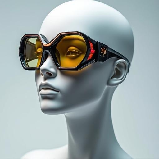 Futuristic Hermès sunglasses with geometric design and iridescent lenses mounted on an avatar mannequin.
