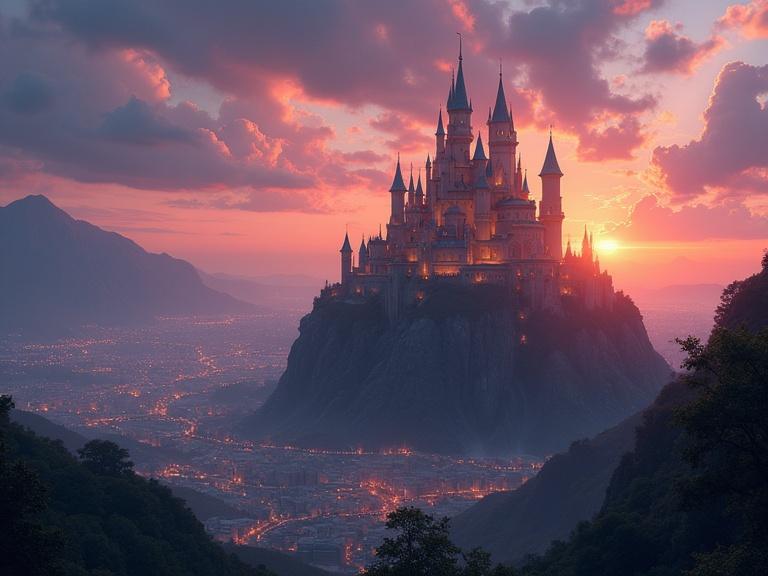 A breathtaking view showcasing a castle set on an exotic island during sunset. The sky displays dramatic colors with glowing lights from the castle. Architectural details highlight the grandeur of the structure against a picturesque backdrop. There is a sprawling futuristic cityscape in the valley below and stretching out to the horizon.