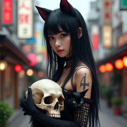 A surrealistic scene set in Dotonbori. A young woman embodies a black cat in summer cosplay. She cradles a skull with deep affection. A small black cat playfully hides. High detail and vibrant colors.