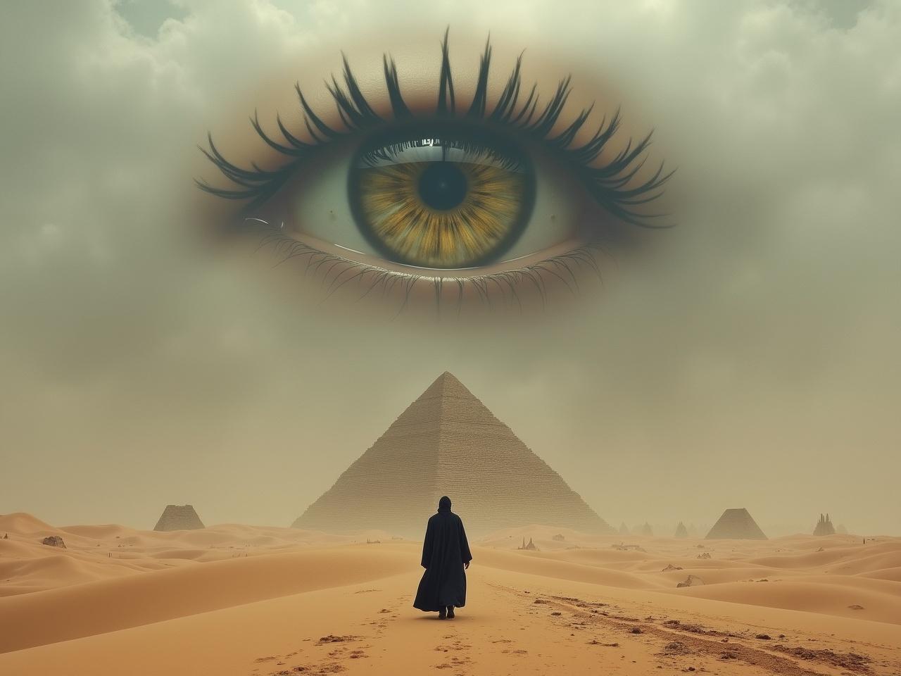 The image depicts a vast desert landscape under a cloudy sky. In the foreground, a lone figure dressed in dark robes walks toward a large pyramid, their silhouette looming against the sandy dunes. Above the figure, a massive eye can be seen, blending with the clouds and watching intently. The eye has a striking detail, featuring a golden iris and dark lines radiating outward. The overall atmosphere is mystical and mysterious, evoking a sense of ancient secrets and timeless wisdom. In the background, small shapes resembling the outlines of buildings can be seen hidden in the haze, adding to the enigma of the scene.