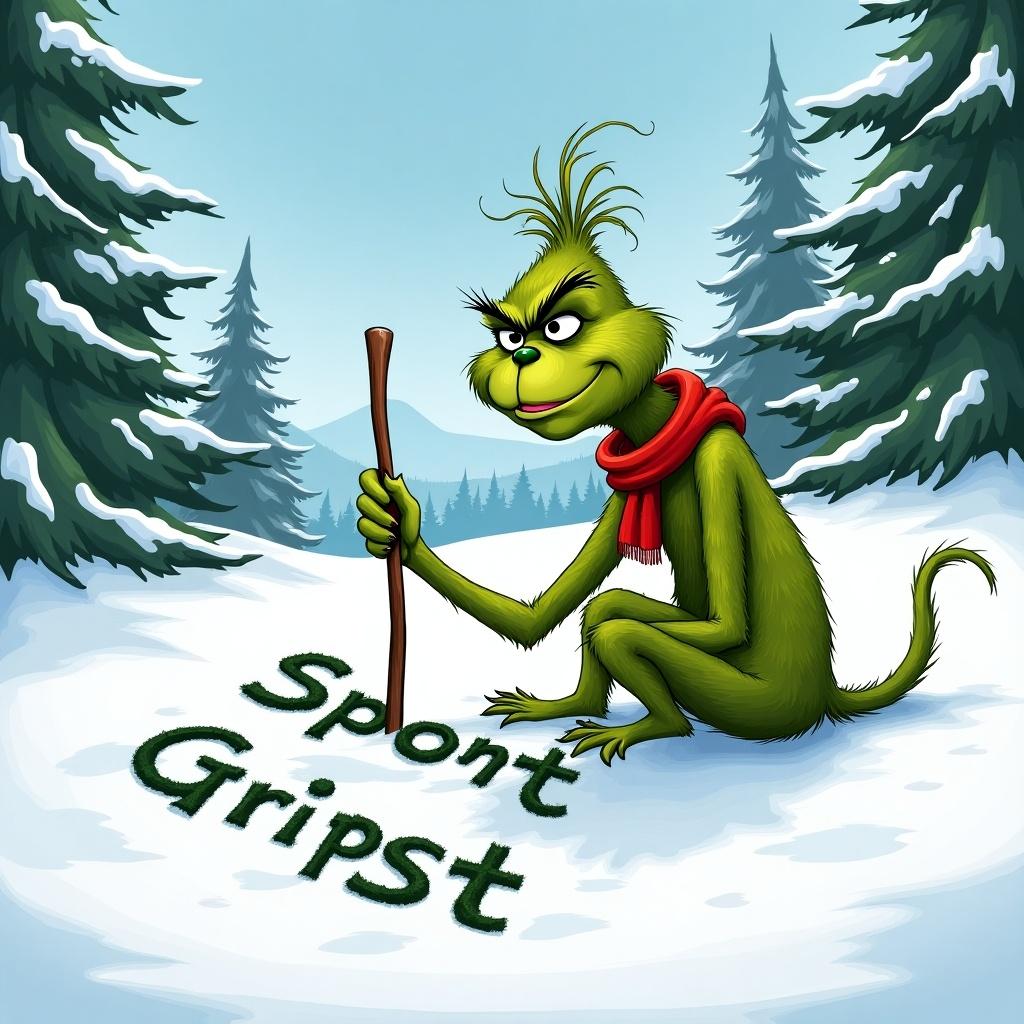 The Grinch is writing Sport Clips in the snow with a stick. The scene includes snow-covered hills and evergreen trees. The Grinch is green with a red scarf.