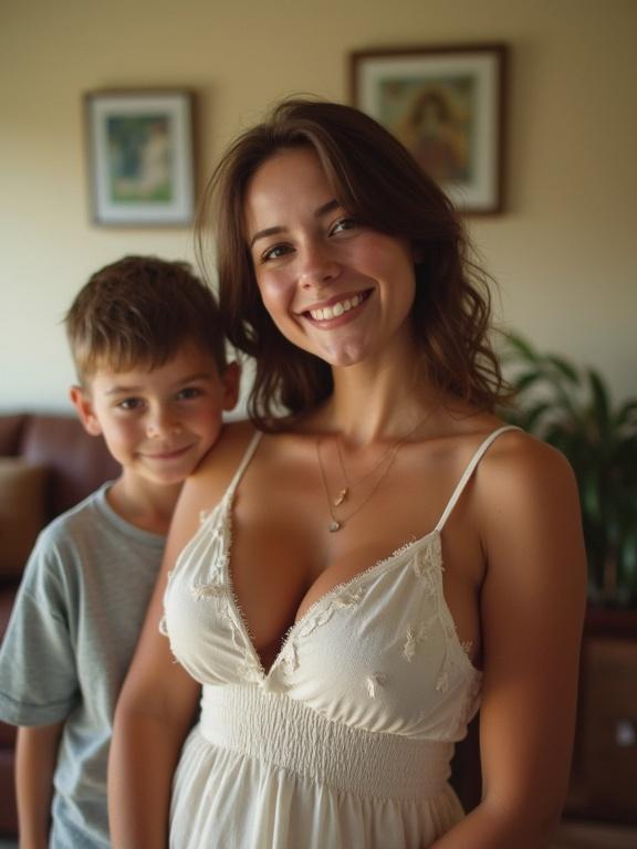 Woman in sundress with a tight fit around the bust standing next to a boy. Living room setting with warm natural light. Image has pixelation and a low resolution appearance. Bright colors with a cheerful atmosphere. Woman smiling and looking friendly.