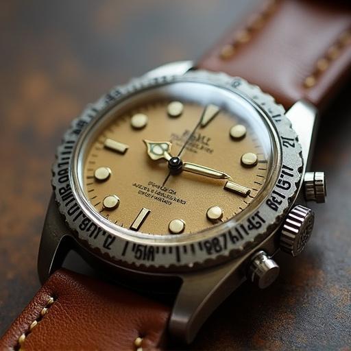 Close-up image of a vintage Rolex watch with a brown leather strap and gold face. The watch features prominent hour markers and a classic design.