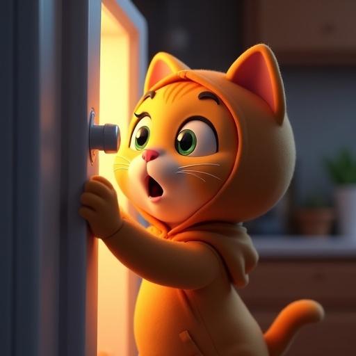 3D animation of a surprised orange cat wearing a hoodie interacting with a fridge in a cozy kitchen at night